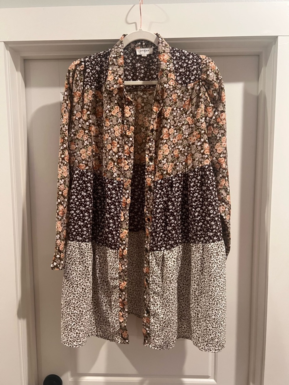 Umgee Floral Patchwork Mini Dress in Cream, Brown
